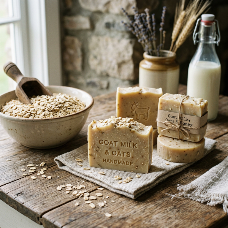 Handmade goat milk and oats soaps with oats and milk on rustic wooden table